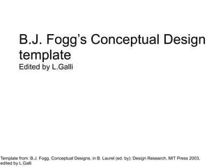 Template from: B.J. Fogg, Conceptual Designs, in B. Laurel (ed. by): Design Research, MIT Press 2003,
edited by L.Galli
B.J. Fogg’s Conceptual Design
template
Edited by L.Galli
 