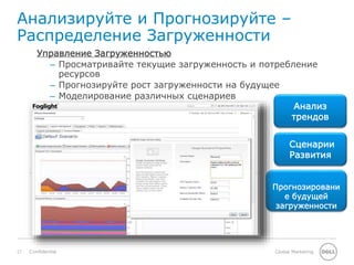 17 Global MarketingConfidential
Анализируйте и Прогнозируйте –
Распределение Загруженности
Анализ
трендов
Сценарии
Развития
Прогнозировани
е будущей
загруженности
Управление Загруженностью
– Просматривайте текущие загруженность и потребление
ресурсов
– Прогнозируйте рост загруженности на будущее
– Моделирование различных сценариев
 
