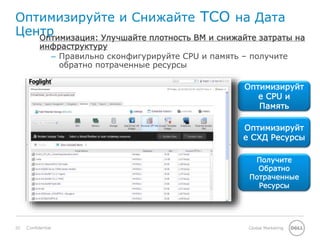 20 Global MarketingConfidential
Оптимизируйте и Снижайте TCO на Дата
Центр
Оптимизируйт
е CPU и
Память
Получите
Обратно
Потраченные
Ресурсы
Оптимизация: Улучшайте плотность ВМ и снижайте затраты на
инфраструктуру
– Правильно сконфигурируйте CPU и память – получите
обратно потраченные ресурсы
Оптимизируйт
е СХД Ресурсы
 