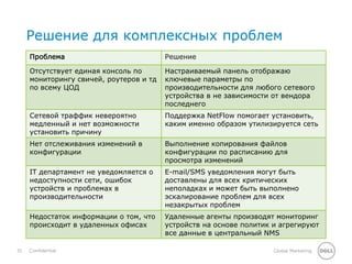 35 Global MarketingConfidential
Решение для комплексных проблем
Проблема Решение
Отсутствует единая консоль по
мониторингу свичей, роутеров и тд
по всему ЦОД
Настраиваемый панель отображаю
ключевые параметры по
производительности для любого сетевого
устройства в не зависимости от вендора
последнего
Сетевой траффик невероятно
медленный и нет возможности
установить причину
Поддержка NetFlow помогает установить,
каким именно образом утилизируется сеть
Нет отслеживания изменений в
конфигурации
Выполнение копирования файлов
конфигурации по расписанию для
просмотра изменений
IT департамент не уведомляется о
недоступности сети, ошибок
устройств и проблемах в
производительности
E-mail/SMS уведомления могут быть
доставлены для всех критических
неполадках и может быть выполнено
эскалирование проблем для всех
незакрытых проблем
Недостаток информации о том, что
происходит в удаленных офисах
Удаленные агенты производят мониторинг
устройств на основе политик и агрегируют
все данные в центральный NMS
 