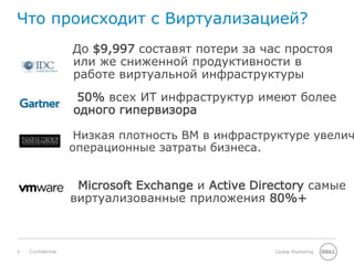 4 Global MarketingConfidential
Что происходит с Виртуализацией?
До $9,997 составят потери за час простоя
или же сниженной продуктивности в
работе виртуальной инфраструктуры
50% всех ИТ инфраструктур имеют более
одного гипервизора
Низкая плотность ВМ в инфраструктуре увелич
операционные затраты бизнеса.
Microsoft Exchange и Active Directory самые
виртуализованные приложения 80%+
 