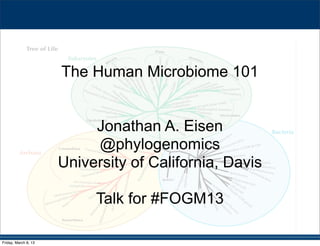 The Human Microbiome 101


                           Jonathan A. Eisen
                           @phylogenomics
                      University of California, Davis

                           Talk for #FOGM13

Friday, March 8, 13
 