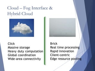 Cloud – Fog Interface &
Hybrid Cloud
Click
Massive storage
Heavy duty computation
Global coordination
Wide-area connectivity
Brick
Real time processing
Rapid innovation
Client-centric
Edge resource pooling
 