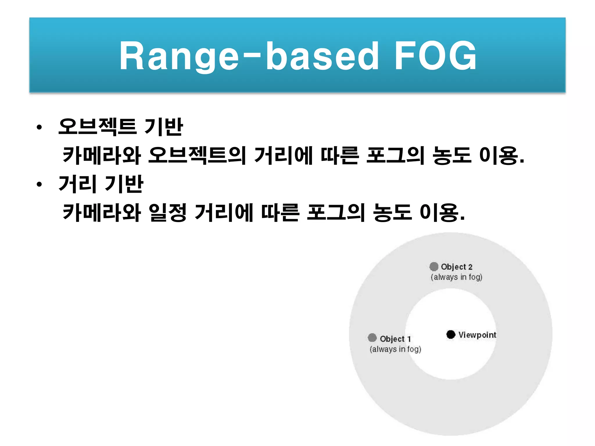 Range-based FOG
• 오브젝트 기반
  카메라와 오브젝트의 거리에 따른 포그의 농도 이용.
• 거리 기반
  카메라와 일정 거리에 따른 포그의 농도 이용.
 