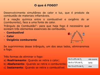 O que é FOGO?

Desenvolvimento simultâneo de calor e luz, que é produto da
combustão de materiais inflamáveis.
É a reação química entre o combustível e oxigênio do ar
(comburente), face a uma fonte de calor.
Triângulo da Combustão“- para que haja fogo é necessário que
existam três elementos essenciais da combustão,
-  Combustível
-  Calor
-  Oxigênio comburente

Se suprimirmos desse triângulo, um dos seus lados, eliminaremos
o fogo.
 
Três formas de eliminar o fogo:
                                                De 0 a 8% de O2   não ocorre
a) Resfriamento: Quando se retira o calor;
                                                De 8 a 13% de O2  lenta
b) Abafamento: Quando se retira o comburente;
                                                De 13 a 21% de O2 viva
c) Isolamento: Quando se retira o combustível.
 