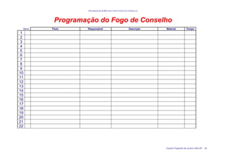 ORGANIZAÇÃO & MÉTODO PARA FOGOS DE CONSELHO
Equipe Programa de Jovens UEB-SP 30
Programação do Fogo de Conselho
Ramo Título Responsável Descrição Material Tempo
1
2
3
4
5
6
7
8
9
10
11
12
13
14
15
16
17
18
19
20
21
22
 