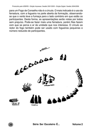 Produzido pela UEB/RS - Edição Impressa: Gestão 2001/2003 - Edição Digital: Gestão 2004/2006

para um Fogo de Conselho não é o círculo. O mais indicado é o uso da
ferradura, com a fogueira na parte aberta da formação, observando-
se que o vento leve a fumaça para o lado contrário em que estão os
participantes. Desta forma, as apresentações serão vistas por todos
sem prejuízo. Pode-se fazer mais uma ferradura, porém filas fazem
com que se perca o ar de unidade que nos interessa. O círculo ao
redor do fogo também pode ser usado com fogueiras pequenas e
número reduzido de participantes.




20                               Série Ser Escoteiro É...                              Volume 2
 