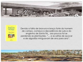 Devido a falta de bravura e braço forte do homem
de campo, começa a decadência de Lula e do
engenho de Santa Fé_ aos poucos foi se
perdendo as plantações. “… e as safras de açúcar
e de algodão minguavam de ano para ano”.
 