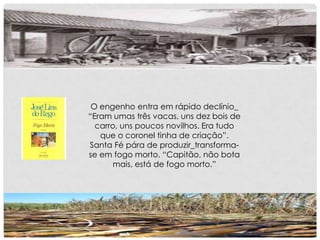 O engenho entra em rápido declínio_
“Eram umas três vacas, uns dez bois de
carro, uns poucos novilhos. Era tudo
que o coronel tinha de criação”.
Santa Fé pára de produzir_transforma-
se em fogo morto. “Capitão, não bota
mais, está de fogo morto.”
 