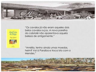“Os cavalos já não eram aqueles dois
belos cavalos ruços. A nova parelha
da cabriolé não aparentava aquela
beleza de antigamente.”
“Amélia, tenho ainda umas moedas,
heim? Vai à Paraiba e troca isto com o
Mendes.”
 