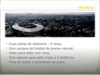 Duas pistas de atletismo - 9 raias; Dois campos de futebol de grama natural; Setor para salto com vara; Dois setores para salto triplo e à distância; Pista de dardo e arremesso de peso; Estádio 