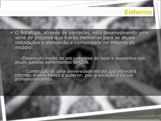 O Botafogo, através de parcerias, está desenvolvendo uma série de projetos que trarão melhorias para as atuais instalações e atenderão a comunidade no entorno do estádio: -  Desenvolvimento de um complexo de lazer e desportivo nos atuais galpões pertencentes ao COB. - Construção de uma universidade/escola que oferecerá creches, ensino básico e superior, pós-graduação e cursos profissionalizantes.  Entorno 