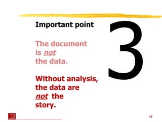 <ul><li>Important point </li></ul><ul><li>The document  is  not   the data . Without analysis, the data are  not   the sto...