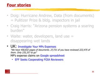 Four stories <ul><li>Doig: Hurricane Andrew, Data (from documents) = Pulitizer Prize & bldg. inspectors in jail  </li></ul...