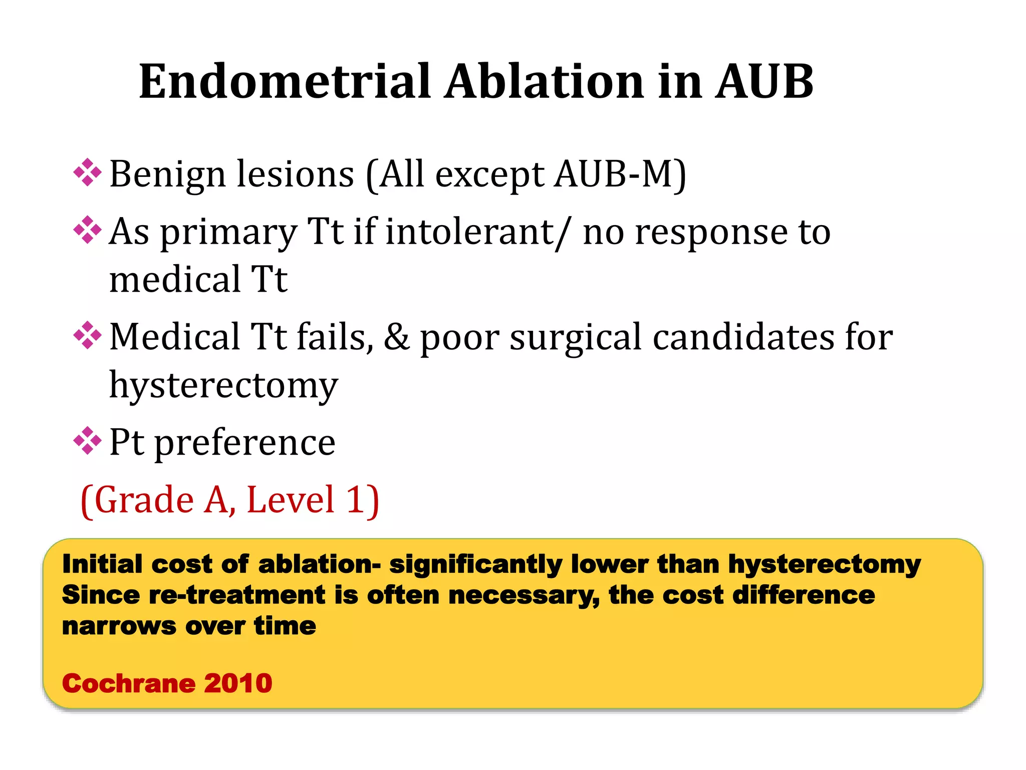 Endometrial Ablation in AUB
Benign lesions (All except AUB-M)
As primary Tt if intolerant/ no response to
medical Tt
Medical Tt fails, & poor surgical candidates for
hysterectomy
Pt preference
(Grade A, Level 1)
SOGC Clinical practice Guidelines 2015Initial cost of ablation- significantly lower than hysterectomy
Since re-treatment is often necessary, the cost difference
narrows over time
Cochrane 2010
 
