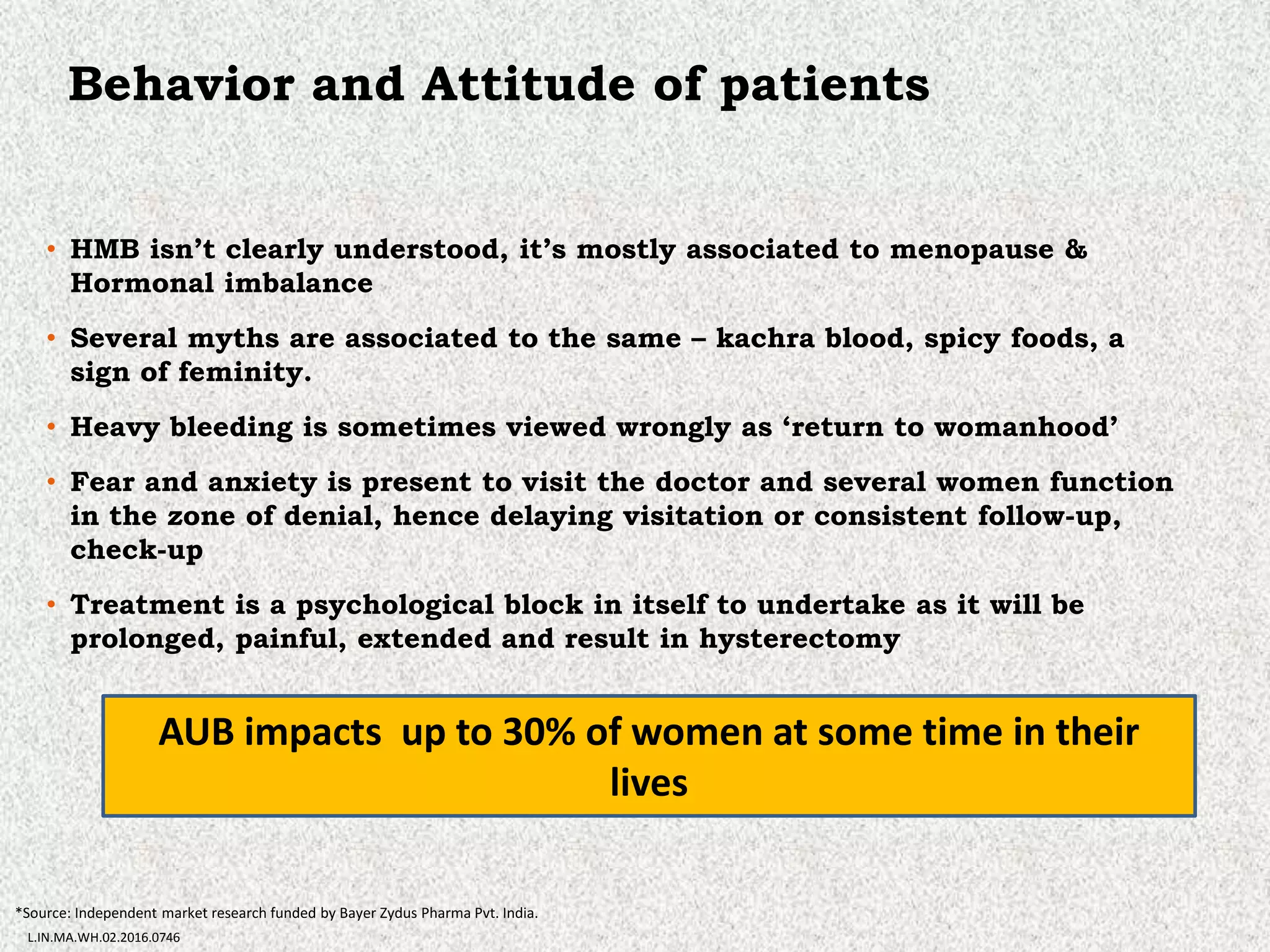 AUB impacts up to 30% of women at some time in their
lives
Behavior and Attitude of patients
• HMB isn’t clearly understood, it’s mostly associated to menopause &
Hormonal imbalance
• Several myths are associated to the same – kachra blood, spicy foods, a
sign of feminity.
• Heavy bleeding is sometimes viewed wrongly as ‘return to womanhood’
• Fear and anxiety is present to visit the doctor and several women function
in the zone of denial, hence delaying visitation or consistent follow-up,
check-up
• Treatment is a psychological block in itself to undertake as it will be
prolonged, painful, extended and result in hysterectomy
*Source: Independent market research funded by Bayer Zydus Pharma Pvt. India.
L.IN.MA.WH.02.2016.0746
 
