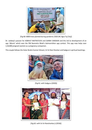 [Fig-60: 8000 trees planted during pandemic 2020 (RC Agra Taj City)]
Dr. Jaideep’s passion for ADBHUT MATRATUVA and GARBH SANSKAR and this led to development of an
app ‘iMumz’ which won the PM Narendra Modi’s Aatmanirbhar app contest. This app now helps over
1,50,000 pregnant women as a pregnancy companion.
This couple follows the Sister Brahm Kumari Shivani, Sri Sri Ravi Shankar and Sadguru’s spiritual teachings.
[Fig-61: with Sadguru (2020)]
[Fig-62: with Sri Sri Ravishankar ji (2018)]
 