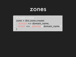 zones
1   # create a zone
2   zone = dns.zone.create(
3     :domain => domain_name,
4     :email  => "admin@#{domain_name}...