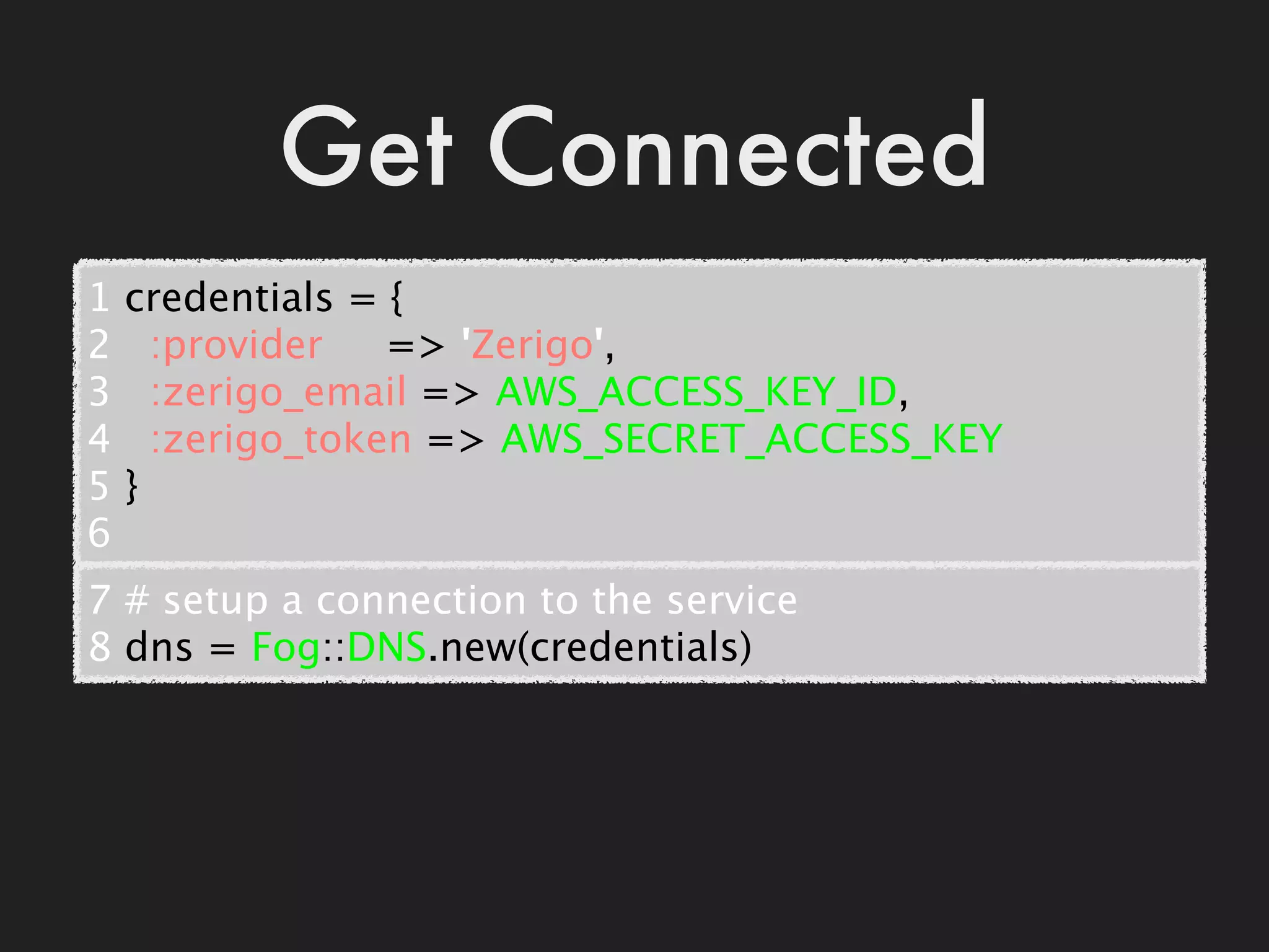 Get Connected
1   credentials = {
2     :provider  => 'Zerigo',
3     :zerigo_email => AWS_ACCESS_KEY_ID,
4     :zerigo_token => AWS_SECRET_ACCESS_KEY
5   }
6
7 # setup a connection to the service
8 dns = Fog::DNS.new(credentials)
 