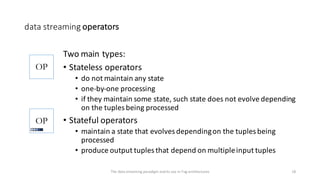 data	streaming	operators
Two	main	types:
• Stateless	operators
• do	not	maintain	any	state
• one-by-one	processing
• if	th...
