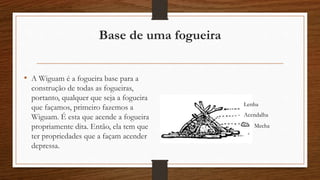 Base de uma fogueira 
• A Wiguam é a fogueira base para a 
construção de todas as fogueiras, 
portanto, qualquer que seja a fogueira 
que façamos, primeiro fazemos a 
Wiguam. É esta que acende a fogueira 
propriamente dita. Então, ela tem que 
ter propriedades que a façam acender 
depressa. 
Lenha 
Acendalha 
Mecha 
 