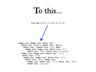 To this...
            List.map (fun x -> x+1) [1; 2; 3]




ExApp (loc, ExApp (loc, ExAcc (loc,
   ExUid (loc, "List"), ExLid (loc, "map")),
     ExFun (loc, [(PaLid (loc, "x"), None,
       ExApp (loc, ExApp (loc, ExLid (loc, "+"),
         ExLid (loc, "x")), ExInt (loc, "1")))])),
   ExApp (loc, ExApp (loc, ExUid (loc, "::"),
    ExInt (loc, "1")),
     ExApp (loc, ExApp (loc, ExUid (loc, "::"),
       ExInt (loc, "2")), ExApp (loc,
         ExApp (loc, ExUid (loc, "::"), ExInt (loc, "3")),
         ExUid (loc, "[]")))))
 