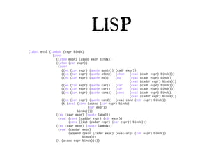 LISP
(label eval (lambda (expr binds)
              (cond
                ((atom expr) (assoc expr binds))
                ((atom (car expr))
                 (cond
                    ((eq (car expr) (quote quote)) (cadr expr))
                    ((eq (car expr) (quote atom)) (atom     (eval (cadr expr) binds)))
                    ((eq (car expr) (quote eq))    (eq      (eval (cadr expr) binds)
                                                            (eval (caddr expr) binds)))
                    ((eq (car expr) (quote car))   (car     (eval (cadr expr) binds)))
                    ((eq (car expr) (quote cdr))   (cdr     (eval (cadr expr) binds)))
                    ((eq (car expr) (quote cons)) (cons     (eval (cadr expr) binds)
                                                            (eval (caddr expr) binds)))
                    ((eq (car expr) (quote cond)) (eval-cond (cdr expr) binds))
                    (t (eval (cons (assoc (car expr) binds)
                                   (cdr expr))
                             binds))))
                ((eq (caar expr) (quote label))
                 (eval (cons (caddar expr) (cdr expr))
                        (cons (list (cadar expr) (car expr)) binds)))
                ((eq (caar expr) (quote lambda))
                 (eval (caddar expr)
                        (append (pair (cadar expr) (eval-args (cdr expr) binds))
                                binds)))
                (t (assoc expr binds)))))
 