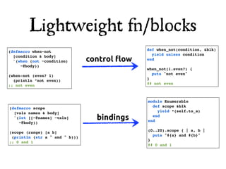 Lightweight fn/blocks
(defmacro when-not                            def when_not(condition, &blk)
                                                yield unless condition
                                control !ow
  [condition & body]
  `(when (not ~condition)                     end
     ~@body))
                                              when_not(1.even?) {
(when-not (even? 1)                             puts "not even"
  (println “not even))                        }
;; not even                                   ## not even



                                              module Enumerable
                                                def scope &blk
(defmacro scope
                                                  yield *(self.to_a)
  [vals names & body]
  `(let [[~@names] ~vals]         bindings      end
                                              end
    ~@body))
                                              (0..20).scope { | a, b |
(scope (range) [a b]
                                                puts "#{a} and #{b}"
 (println (str a " and " b)))
                                              }
;; 0 and 1
                                              ## 0 and 1
 