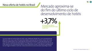 12Panorama da Hotelaria Brasileira 2019
+3,7%
123 novos hotéis em estruturação em todo o país, totalizando 18.698 UHs e com concentração das
aberturas entre 2019 e 2020. Na maioria das cidades a previsão de nova oferta é baixa. Sem novos
hotéis em médio prazo e com a retomada de crescimento econômico, o mercado passará por um
novo ciclo de recuperação de desempenho. Em longo prazo, e com a publicação da Instrução 602 da
CVM, espera-se um crescimento de oferta menos expressivo no país, o que diminui a percepção de
risco do negócio hoteleiro e estimula o desenvolvimento de novas estruturas de funding no setor.
Mercado aproxima-se
do fim do último ciclo de
desenvolvimento de hotéis
Nova oferta de hotéis no Brasil
de aumento de oferta
acumulado previsto até 2022
(0,9% a.a.)
 