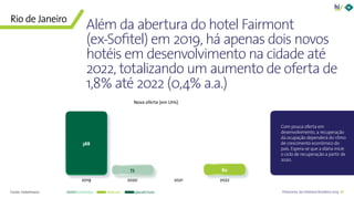 25Panorama da Hotelaria Brasileira 2019
80
Com pouca oferta em
desenvolvimento, a recuperação
da ocupação dependerá do ritmo
de crescimento econômico do
país. Espera-se que a diária inicie
o ciclo de recuperação a partir de
2020.
2019 2020 2021 2022
Além da abertura do hotel Fairmont
(ex-Sofitel) em 2019, há apenas dois novos
hotéis em desenvolvimento na cidade até
2022, totalizando um aumento de oferta de
1,8% até 2022 (0,4% a.a.)
388
73
Rio de Janeiro
Nova oferta (em UHs)
Econômico Midscale Upscale/luxoFonte: HotelInvest
 