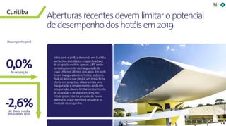 27Panorama da Hotelaria Brasileira 2019
-2,6%
Aberturasrecentesdevemlimitaropotencial
dedesempenhodoshotéisem2019
Entre 2016 e 2018, a demanda em Curitiba
aumentou dois dígitos enquanto a taxa
de ocupação evoluiu apenas 2,8% neste
período, por conta da inauguração de
1.042 UHs nos últimos dois anos. Em 2018,
foram inaugurados três hotéis, todos no
final do ano, o que gerará um impacto na
oferta em 2019. Isso, aliado a mais uma
inauguração e uma economia ainda em
recuperação, deverá limitar o crescimento
de ocupação e de diária em 2019. No
médio prazo, não há previsão de novas
aberturas, o que permitirá recuperar os
níveis de desempenho.
0,0%
©RodrigoCanissela
Curitiba
de ocupação
de diária média
em valores reais
Desempenho 2018
 