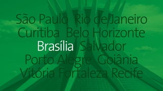 36Panorama da Hotelaria Brasileira 2019
São Paulo Rio de Janeiro
Curitiba Belo Horizonte
Brasília Salvador
Porto Alegre Goiânia
Vitória Fortaleza Recife
 