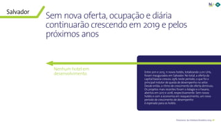 45Panorama da Hotelaria Brasileira 2019
Entre 2011 e 2013, 11 novos hotéis, totalizando 2.011 UHs,
foram inaugurados em Salvador. No total, a oferta da
capital baiana cresceu 29% neste período, o que foi o
principal indutor de queda de desempenho no setor.
Desde então, o ritmo de crescimento de oferta diminuiu.
Os projetos mais recentes foram o Adagio e o Fasano,
abertos em 2017 e 2018, respectivamente. Sem novos
hotéis e com a economia em reaquecimento, um novo
período de crescimento de desempenho
é esperado para os hotéis.
Sem nova oferta, ocupação e diária
continuarão crescendo em 2019 e pelos
próximos anos
Salvador
Nenhum hotel em
desenvolvimento
 