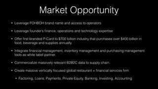 Market Opportunity
• Leverage FOHBOH brand name and access to operators
• Leverage founder’s ﬁnance, operations and technology expertise
• Offer ﬁrst branded P-Card to $700 billion industry that purchases over $400 billion in
food, beverage and supplies annually.
• Integrate ﬁnancial management, inventory management and purchasing management
tools as white label partner.
• Commercialize massively relevant B2B2C data to supply chain.
• Create massive vertically focused global restaurant + ﬁnancial services ﬁrm
• Factoring, Loans, Payments, Private Equity, Banking, Investing, Accounting
 