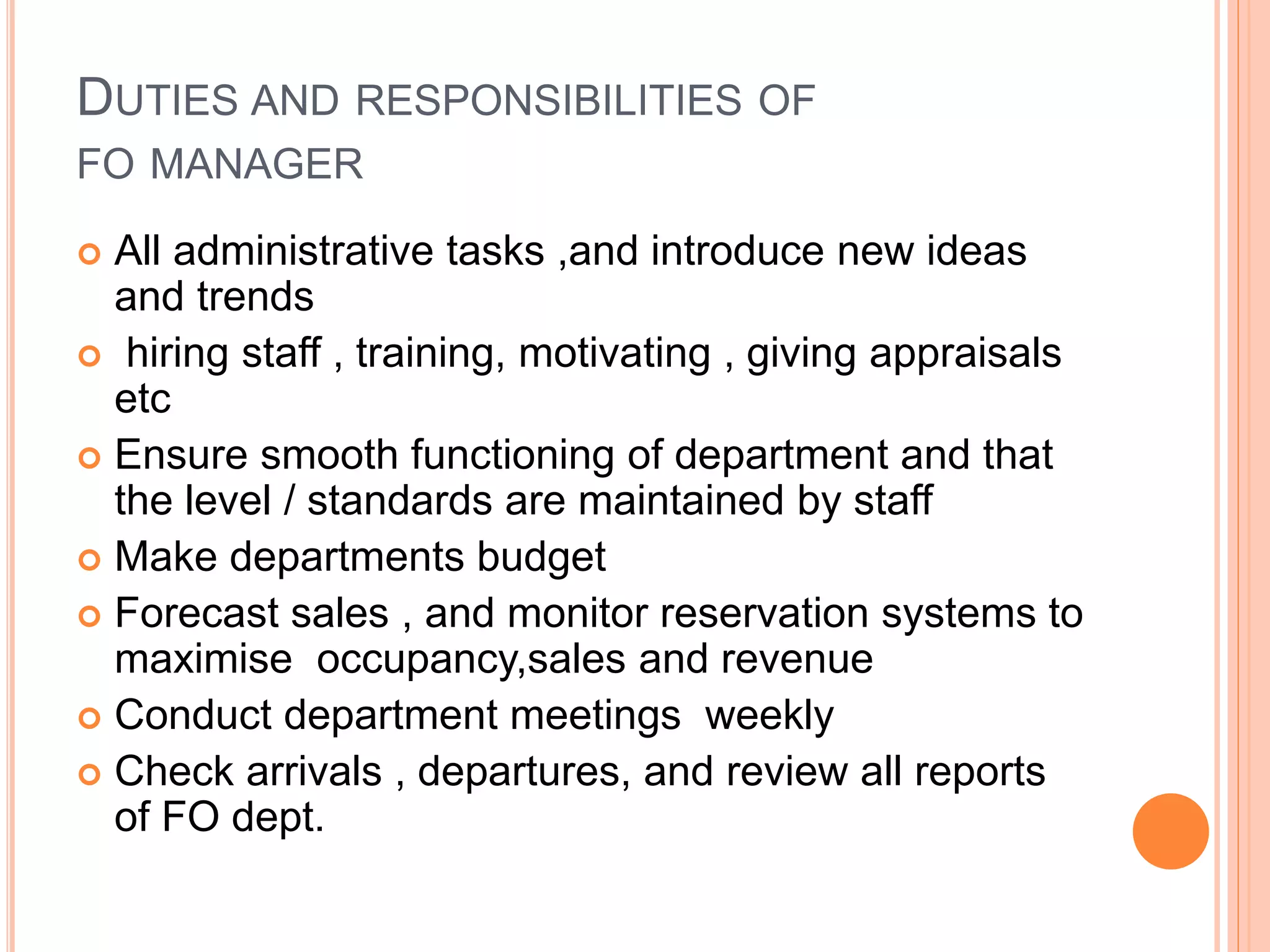 Hotel Front Office Department hierarchy , functions PPT
