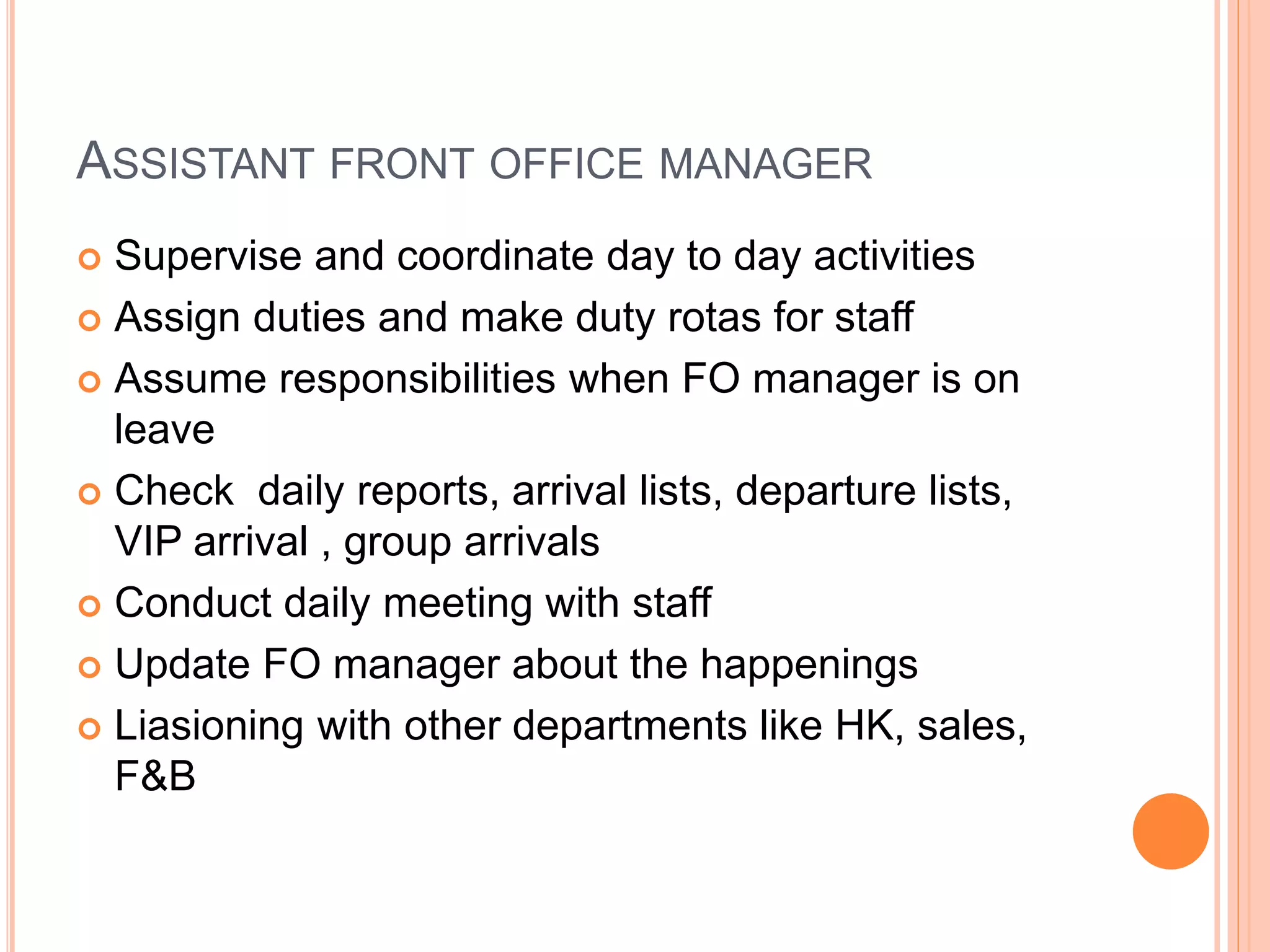 Hotel Front Office Department hierarchy , functions PPT