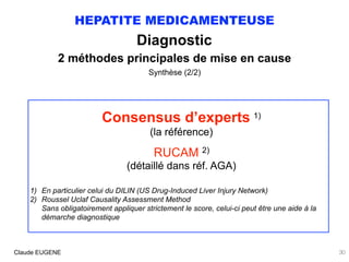 HEPATITE MEDICAMENTEUSE
Diagnostic
2 méthodes principales de mise en cause
Synthèse (2/2)
Consensus d’experts 1)
(la référ...