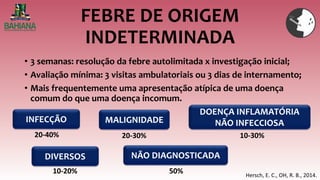 • 3 semanas: resolução da febre autolimitada x investigação inicial;
• Avaliação mínima: 3 visitas ambulatoriais ou 3 dias de internamento;
• Mais frequentemente uma apresentação atípica de uma doença
comum do que uma doença incomum.
Hersch, E. C., OH, R. B., 2014.
FEBRE DE ORIGEM
INDETERMINADA
INFECÇÃO MALIGNIDADE
DOENÇA INFLAMATÓRIA
NÃO INFECCIOSA
DIVERSOS NÃO DIAGNOSTICADA
20-40% 20-30% 10-30%
10-20% 50%
 