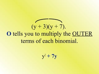 (y + 3)(y + 7).
O tells you to multiply the OUTER
terms of each binomial.
y2
+ 7y
 