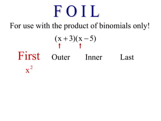 For use with the product of binomials only!
(x 3)(x 5)
 
First Outer Inner Last
2
x
 