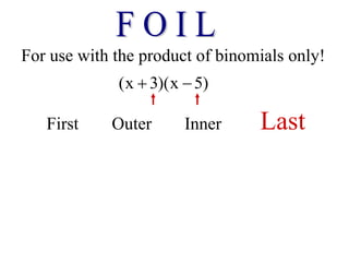 For use with the product of binomials only!
(x 3)(x 5)
 
First Outer Inner Last
 