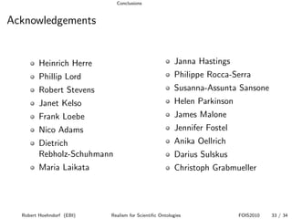 Conclusions


Acknowledgements


        Heinrich Herre                                  Janna Hastings
        Phillip Lord                                    Philippe Rocca-Serra
        Robert Stevens                                  Susanna-Assunta Sansone
        Janet Kelso                                     Helen Parkinson
        Frank Loebe                                     James Malone
        Nico Adams                                      Jennifer Fostel
        Dietrich                                        Anika Oellrich
        Rebholz-Schuhmann                               Darius Sulskus
        Maria Laikata                                   Christoph Grabmueller




  Robert Hoehndorf (EBI)   Realism for Scientiﬁc Ontologies               FOIS2010   33 / 34
 