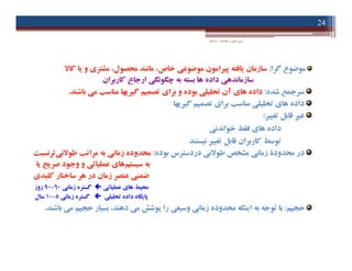 ‫اﻃﻼﻋﺎت‬ ‫ﻓﻨﺎوري‬ ‫ﻣﺒﺎﻧﯽ‬-‫دادﺧﻮاه‬
24
‫ﮔﺮا‬ ‫ﻣﻮﺿﻮع‬:‫ﻣﻮﺿﻮﻋ‬ ‫ﭘﯿﺮاﻣﻮن‬ ‫ﯾﺎﻓﺘﻪ‬ ‫ﺳﺎزﻣﺎن‬‫ﺧﺎص‬ ‫ﯽ‬‫ﮐﺎﻻ‬ ‫ﯾﺎ‬ ‫و‬ ‫ﻣﺸﺘﺮي‬ ،‫ﻣﺤﺼﻮل‬ ‫ﻣﺎﻧﻨﺪ‬ ،
‫ﮐﺎرﺑﺮان‬ ‫ارﺟﺎع‬ ‫ﭼﮕﻮﻧﮕﯽ‬ ‫ﺑﻪ‬ ‫ﺑﺴﺘﻪ‬ ‫ﻫﺎ‬ ‫داده‬ ‫ﺳﺎزﻣﺎﻧﺪﻫﯽ‬
‫ﺷﺪه‬ ‫ﺳﺮﺟﻤﻊ‬:‫ﻫﺎ‬ ‫داده‬‫ي‬‫ﺑﺮا‬ ‫و‬ ‫ﺑﻮده‬ ‫ﺗﺤﻠﯿﻠﯽ‬ ‫آن‬‫ي‬‫ﻣ‬ ‫ﻣﻨﺎﺳﺐ‬ ‫ﮔﯿﺮﯾﻬﺎ‬ ‫ﺗﺼﻤﯿﻢ‬‫ﯽ‬‫ﺑﺎﺷﻨﺪ‬.
‫ﮔﯿﺮﯾﻬﺎ‬ ‫ﺗﺼﻤﯿﻢ‬ ‫ﺑﺮاي‬ ‫ﻣﻨﺎﺳﺐ‬ ‫ﺗﺤﻠﯿﻠﯽ‬ ‫ﻫﺎي‬ ‫داده‬
‫ﺗﻐﯿﯿﺮ‬ ‫ﻗﺎﺑﻞ‬ ‫ﻏﯿﺮ‬:
‫ﺧﻮاﻧﺪﻧﯽ‬ ‫ﻓﻘﻂ‬ ‫ﻫﺎي‬ ‫داده‬
‫ﻧﯿﺴﺘﻨﺪ‬ ‫ﺗﻐﯿﯿﺮ‬ ‫ﻗﺎﺑﻞ‬ ‫ﮐﺎرﺑﺮان‬ ‫ﺗﻮﺳﻂ‬
‫زﻣﺎﻧ‬ ‫ﻣﺤﺪودة‬ ‫در‬‫ﯽ‬‫ﻃﻮﻻﻧ‬ ‫ﻣﺸﺨﺺ‬‫ﯽ‬‫ﺑﻮده‬ ‫دردﺳﺘﺮس‬:‫ﻣﺮاﺗﺐ‬ ‫ﺑﻪ‬ ‫زﻣﺎﻧﯽ‬ ‫ﻣﺤﺪوده‬‫ﻃ‬‫ﻮﻻﻧﯽ‬‫ﺗﺮﻧﺴﺒﺖ‬
‫ﺳﯿﺴﺘﻢ‬ ‫ﺑﻪ‬‫ﯾﺎ‬ ‫ﺻﺮﯾﺢ‬ ‫وﺟﻮد‬ ‫و‬ ‫ﻋﻤﻠﯿﺎﺗﯽ‬ ‫ﻫﺎي‬
‫ﮐﻠﯿﺪي‬ ‫ﺳﺎﺧﺘﺎر‬ ‫ﻫﺮ‬ ‫در‬ ‫زﻣﺎن‬ ‫ﻋﻨﺼﺮ‬ ‫ﺿﻤﻨﯽ‬
‫ﻋﻤﻠﯿﺎﺗﯽ‬ ‫ﻫﺎي‬ ‫ﻣﺤﯿﻂ‬‫زﻣﺎﻧﯽ‬ ‫ﮔﺴﺘﺮه‬60-90‫روز‬
‫ﺗﺤﻠﯿﻠ‬ ‫داده‬ ‫ﭘﺎﯾﮕﺎه‬‫ﯽ‬‫زﻣﺎﻧﯽ‬ ‫ﮔﺴﺘﺮه‬5-10‫ﺳﺎل‬
‫ﺣﺠﯿﻢ‬:‫ﺑﺎﺷﻨﺪ‬ ‫ﻣﯽ‬ ‫ﺣﺠﯿﻢ‬ ‫ﺑﺴﯿﺎر‬ ،‫دﻫﻨﺪ‬ ‫ﻣﯽ‬ ‫ﭘﻮﺷﺶ‬ ‫را‬ ‫وﺳﯿﻌﯽ‬ ‫زﻣﺎﻧﯽ‬ ‫ﻣﺤﺪوده‬ ‫اﯾﻨﮑﻪ‬ ‫ﺑﻪ‬ ‫ﺗﻮﺟﻪ‬ ‫ﺑﺎ‬.
‫ﮔﺮا‬ ‫ﻣﻮﺿﻮع‬:‫ﻣﻮﺿﻮﻋ‬ ‫ﭘﯿﺮاﻣﻮن‬ ‫ﯾﺎﻓﺘﻪ‬ ‫ﺳﺎزﻣﺎن‬‫ﺧﺎص‬ ‫ﯽ‬‫ﮐﺎﻻ‬ ‫ﯾﺎ‬ ‫و‬ ‫ﻣﺸﺘﺮي‬ ،‫ﻣﺤﺼﻮل‬ ‫ﻣﺎﻧﻨﺪ‬ ،
‫ﮐﺎرﺑﺮان‬ ‫ارﺟﺎع‬ ‫ﭼﮕﻮﻧﮕﯽ‬ ‫ﺑﻪ‬ ‫ﺑﺴﺘﻪ‬ ‫ﻫﺎ‬ ‫داده‬ ‫ﺳﺎزﻣﺎﻧﺪﻫﯽ‬
‫ﺷﺪه‬ ‫ﺳﺮﺟﻤﻊ‬:‫ﻫﺎ‬ ‫داده‬‫ي‬‫ﺑﺮا‬ ‫و‬ ‫ﺑﻮده‬ ‫ﺗﺤﻠﯿﻠﯽ‬ ‫آن‬‫ي‬‫ﻣ‬ ‫ﻣﻨﺎﺳﺐ‬ ‫ﮔﯿﺮﯾﻬﺎ‬ ‫ﺗﺼﻤﯿﻢ‬‫ﯽ‬‫ﺑﺎﺷﻨﺪ‬.
‫ﮔﯿﺮﯾﻬﺎ‬ ‫ﺗﺼﻤﯿﻢ‬ ‫ﺑﺮاي‬ ‫ﻣﻨﺎﺳﺐ‬ ‫ﺗﺤﻠﯿﻠﯽ‬ ‫ﻫﺎي‬ ‫داده‬
‫ﺗﻐﯿﯿﺮ‬ ‫ﻗﺎﺑﻞ‬ ‫ﻏﯿﺮ‬:
‫ﺧﻮاﻧﺪﻧﯽ‬ ‫ﻓﻘﻂ‬ ‫ﻫﺎي‬ ‫داده‬
‫ﻧﯿﺴﺘﻨﺪ‬ ‫ﺗﻐﯿﯿﺮ‬ ‫ﻗﺎﺑﻞ‬ ‫ﮐﺎرﺑﺮان‬ ‫ﺗﻮﺳﻂ‬
‫زﻣﺎﻧ‬ ‫ﻣﺤﺪودة‬ ‫در‬‫ﯽ‬‫ﻃﻮﻻﻧ‬ ‫ﻣﺸﺨﺺ‬‫ﯽ‬‫ﺑﻮده‬ ‫دردﺳﺘﺮس‬:‫ﻣﺮاﺗﺐ‬ ‫ﺑﻪ‬ ‫زﻣﺎﻧﯽ‬ ‫ﻣﺤﺪوده‬‫ﻃ‬‫ﻮﻻﻧﯽ‬‫ﺗﺮﻧﺴﺒﺖ‬
‫ﺳﯿﺴﺘﻢ‬ ‫ﺑﻪ‬‫ﯾﺎ‬ ‫ﺻﺮﯾﺢ‬ ‫وﺟﻮد‬ ‫و‬ ‫ﻋﻤﻠﯿﺎﺗﯽ‬ ‫ﻫﺎي‬
‫ﮐﻠﯿﺪي‬ ‫ﺳﺎﺧﺘﺎر‬ ‫ﻫﺮ‬ ‫در‬ ‫زﻣﺎن‬ ‫ﻋﻨﺼﺮ‬ ‫ﺿﻤﻨﯽ‬
‫ﻋﻤﻠﯿﺎﺗﯽ‬ ‫ﻫﺎي‬ ‫ﻣﺤﯿﻂ‬‫زﻣﺎﻧﯽ‬ ‫ﮔﺴﺘﺮه‬60-90‫روز‬
‫ﺗﺤﻠﯿﻠ‬ ‫داده‬ ‫ﭘﺎﯾﮕﺎه‬‫ﯽ‬‫زﻣﺎﻧﯽ‬ ‫ﮔﺴﺘﺮه‬5-10‫ﺳﺎل‬
‫ﺣﺠﯿﻢ‬:‫ﺑﺎﺷﻨﺪ‬ ‫ﻣﯽ‬ ‫ﺣﺠﯿﻢ‬ ‫ﺑﺴﯿﺎر‬ ،‫دﻫﻨﺪ‬ ‫ﻣﯽ‬ ‫ﭘﻮﺷﺶ‬ ‫را‬ ‫وﺳﯿﻌﯽ‬ ‫زﻣﺎﻧﯽ‬ ‫ﻣﺤﺪوده‬ ‫اﯾﻨﮑﻪ‬ ‫ﺑﻪ‬ ‫ﺗﻮﺟﻪ‬ ‫ﺑﺎ‬.
 