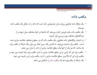 ‫اﻃﻼﻋﺎت‬ ‫ﻓﻨﺎوري‬ ‫ﻣﺒﺎﻧﯽ‬-‫دادﺧﻮاه‬
31
‫داده‬ ‫ﻣﮑﻌﺐ‬
•‫داده‬ ‫ﻣﮑﻌﺐ‬ ‫ﯾﮏ‬ ‫ﺷﮑﻞ‬ ‫ﺑﻪ‬ ‫را‬ ‫داده‬ ‫ﮐﻪ‬ ‫اﺳﺖ‬ ‫داده‬ ‫ﭼﻨﺪﺑﻌﺪي‬ ‫ﻣﺪل‬ ‫ﺑﺮﭘﺎﯾﻪ‬ ‫ﺗﺤﻠﯿﻠﯽ‬ ‫داده‬ ‫ﭘﺎﯾﮕﺎه‬ ‫ﯾﮏ‬
‫ﺑﯿﻨﺪ‬‫ﻣﯽ‬
•‫از‬ ‫و‬ ‫ﺷﻮﻧﺪ‬ ‫ﻣﺪل‬ ‫ﻣﺨﺘﻠﻒ‬ ‫اﺑﻌﺎد‬ ‫در‬ ‫ﻫﺎ‬‫داده‬ ‫ﮐﻪ‬ ‫دﻫﺪ‬‫ﻣﯽ‬ ‫اﺟﺎزه‬ ‫ﻓﺮوش‬ ‫ﻣﺎﻧﻨﺪ‬ ‫داده‬ ‫ﻣﮑﻌﺐ‬ ‫ﯾﮏ‬
‫ﮔﯿﺮﻧﺪ‬ ‫ﻗﺮار‬ ‫ﺑﺮرﺳﯽ‬ ‫ﻣﻮرد‬ ‫ﻣﺨﺘﻠﻒ‬ ‫ﻫﺎي‬‫دﯾﺪﮔﺎه‬.
•‫ﺷﺪه‬ ‫ﺳﺎزي‬ ‫ﺧﻼﺻﻪ‬ ‫ﻣﺨﺘﻠﻒ‬ ‫ﺳﻄﻮح‬ ‫در‬ ‫ﮐﻪ‬ ‫داده‬ ‫ﻣﮑﻌﺐ‬ ‫ﯾﮏ‬ ،‫ﺗﺤﻠﯿﻠﯽ‬ ‫داده‬ ‫ﻫﺎي‬‫ﭘﺎﯾﮕﺎه‬ ‫ادﺑﯿﺎت‬ ‫در‬
،‫اﺳﺖ‬‫واره‬ ‫ﻣﮑﻌﺐ‬‫ﺷﻮد‬‫ﻣﯽ‬ ‫ﻧﺎﻣﯿﺪه‬.‫واره‬ ‫ﻣﮑﻌﺐ‬ ‫از‬ ‫ﺷﺒﮑﻪ‬ ‫ﯾﮏ‬ ‫ﺗﻮان‬ ‫ﻣﯽ‬ ‫اﺑﻌﺎد‬ ‫ﺳﺮي‬ ‫ﯾﮏ‬ ‫داﺷﺘﻦ‬ ‫ﺑﺎ‬
‫دﻫﻨﺪ‬ ‫ﻣﯽ‬ ‫ﻧﺸﺎن‬ ‫را‬ ‫داده‬ ‫از‬ ‫ﺳﺎزي‬ ‫ﺧﻼﺻﻪ‬ ‫ﺳﻄﺢ‬ ‫ﯾﮏ‬ ‫آﻧﻬﺎ‬ ‫از‬ ‫ﯾﮏ‬ ‫ﻫﺮ‬ ‫ﮐﻪ‬ ‫ﺳﺎﺧﺖ‬ ‫ﻫﺎ‬.
•‫و‬ ‫ﺷﻮد‬ ‫ﻣﯽ‬ ‫ﻧﺎﻣﯿﺪه‬ ‫ﭘﺎﯾﻪ‬ ‫واره‬ ‫ﻣﮑﻌﺐ‬ ،‫دارد‬ ‫را‬ ‫ﺳﺎزي‬ ‫ﺧﻼﺻﻪ‬ ‫ﺳﻄﺢ‬ ‫ﺗﺮﯾﻦ‬ ‫ﭘﺎﯾﯿﻦ‬ ‫ﮐﻪ‬ ‫اي‬ ‫واره‬ ‫ﻣﮑﻌﺐ‬
‫ﺷﻮد‬ ‫ﻣﯽ‬ ‫ﻧﺎﻣﯿﺪه‬ ‫راس‬ ‫واره‬ ‫ﻣﮑﻌﺐ‬ ،‫دارد‬ ‫را‬ ‫ﺳﺎزي‬ ‫ﺧﻼﺻﻪ‬ ‫ﺳﻄﺢ‬ ‫ﺑﺎﻻﺗﺮﯾﻦ‬ ‫ﮐﻪ‬ ‫اي‬ ‫واره‬ ‫ﻣﮑﻌﺐ‬.
•‫ﯾﮏ‬ ‫ﻫﺎ‬ ‫واره‬‫ﻣﮑﻌﺐ‬ ‫از‬ ‫ﺷﺒﮑﻪ‬ ‫ﯾﮏ‬‫داده‬ ‫ﻣﮑﻌﺐ‬‫دﻫﻨﺪ‬ ‫ﻣﯽ‬ ‫ﺗﺸﮑﯿﻞ‬ ‫را‬
•‫داده‬ ‫ﻣﮑﻌﺐ‬ ‫ﯾﮏ‬ ‫ﺷﮑﻞ‬ ‫ﺑﻪ‬ ‫را‬ ‫داده‬ ‫ﮐﻪ‬ ‫اﺳﺖ‬ ‫داده‬ ‫ﭼﻨﺪﺑﻌﺪي‬ ‫ﻣﺪل‬ ‫ﺑﺮﭘﺎﯾﻪ‬ ‫ﺗﺤﻠﯿﻠﯽ‬ ‫داده‬ ‫ﭘﺎﯾﮕﺎه‬ ‫ﯾﮏ‬
‫ﺑﯿﻨﺪ‬‫ﻣﯽ‬
•‫از‬ ‫و‬ ‫ﺷﻮﻧﺪ‬ ‫ﻣﺪل‬ ‫ﻣﺨﺘﻠﻒ‬ ‫اﺑﻌﺎد‬ ‫در‬ ‫ﻫﺎ‬‫داده‬ ‫ﮐﻪ‬ ‫دﻫﺪ‬‫ﻣﯽ‬ ‫اﺟﺎزه‬ ‫ﻓﺮوش‬ ‫ﻣﺎﻧﻨﺪ‬ ‫داده‬ ‫ﻣﮑﻌﺐ‬ ‫ﯾﮏ‬
‫ﮔﯿﺮﻧﺪ‬ ‫ﻗﺮار‬ ‫ﺑﺮرﺳﯽ‬ ‫ﻣﻮرد‬ ‫ﻣﺨﺘﻠﻒ‬ ‫ﻫﺎي‬‫دﯾﺪﮔﺎه‬.
•‫ﺷﺪه‬ ‫ﺳﺎزي‬ ‫ﺧﻼﺻﻪ‬ ‫ﻣﺨﺘﻠﻒ‬ ‫ﺳﻄﻮح‬ ‫در‬ ‫ﮐﻪ‬ ‫داده‬ ‫ﻣﮑﻌﺐ‬ ‫ﯾﮏ‬ ،‫ﺗﺤﻠﯿﻠﯽ‬ ‫داده‬ ‫ﻫﺎي‬‫ﭘﺎﯾﮕﺎه‬ ‫ادﺑﯿﺎت‬ ‫در‬
،‫اﺳﺖ‬‫واره‬ ‫ﻣﮑﻌﺐ‬‫ﺷﻮد‬‫ﻣﯽ‬ ‫ﻧﺎﻣﯿﺪه‬.‫واره‬ ‫ﻣﮑﻌﺐ‬ ‫از‬ ‫ﺷﺒﮑﻪ‬ ‫ﯾﮏ‬ ‫ﺗﻮان‬ ‫ﻣﯽ‬ ‫اﺑﻌﺎد‬ ‫ﺳﺮي‬ ‫ﯾﮏ‬ ‫داﺷﺘﻦ‬ ‫ﺑﺎ‬
‫دﻫﻨﺪ‬ ‫ﻣﯽ‬ ‫ﻧﺸﺎن‬ ‫را‬ ‫داده‬ ‫از‬ ‫ﺳﺎزي‬ ‫ﺧﻼﺻﻪ‬ ‫ﺳﻄﺢ‬ ‫ﯾﮏ‬ ‫آﻧﻬﺎ‬ ‫از‬ ‫ﯾﮏ‬ ‫ﻫﺮ‬ ‫ﮐﻪ‬ ‫ﺳﺎﺧﺖ‬ ‫ﻫﺎ‬.
•‫و‬ ‫ﺷﻮد‬ ‫ﻣﯽ‬ ‫ﻧﺎﻣﯿﺪه‬ ‫ﭘﺎﯾﻪ‬ ‫واره‬ ‫ﻣﮑﻌﺐ‬ ،‫دارد‬ ‫را‬ ‫ﺳﺎزي‬ ‫ﺧﻼﺻﻪ‬ ‫ﺳﻄﺢ‬ ‫ﺗﺮﯾﻦ‬ ‫ﭘﺎﯾﯿﻦ‬ ‫ﮐﻪ‬ ‫اي‬ ‫واره‬ ‫ﻣﮑﻌﺐ‬
‫ﺷﻮد‬ ‫ﻣﯽ‬ ‫ﻧﺎﻣﯿﺪه‬ ‫راس‬ ‫واره‬ ‫ﻣﮑﻌﺐ‬ ،‫دارد‬ ‫را‬ ‫ﺳﺎزي‬ ‫ﺧﻼﺻﻪ‬ ‫ﺳﻄﺢ‬ ‫ﺑﺎﻻﺗﺮﯾﻦ‬ ‫ﮐﻪ‬ ‫اي‬ ‫واره‬ ‫ﻣﮑﻌﺐ‬.
•‫ﯾﮏ‬ ‫ﻫﺎ‬ ‫واره‬‫ﻣﮑﻌﺐ‬ ‫از‬ ‫ﺷﺒﮑﻪ‬ ‫ﯾﮏ‬‫داده‬ ‫ﻣﮑﻌﺐ‬‫دﻫﻨﺪ‬ ‫ﻣﯽ‬ ‫ﺗﺸﮑﯿﻞ‬ ‫را‬
 