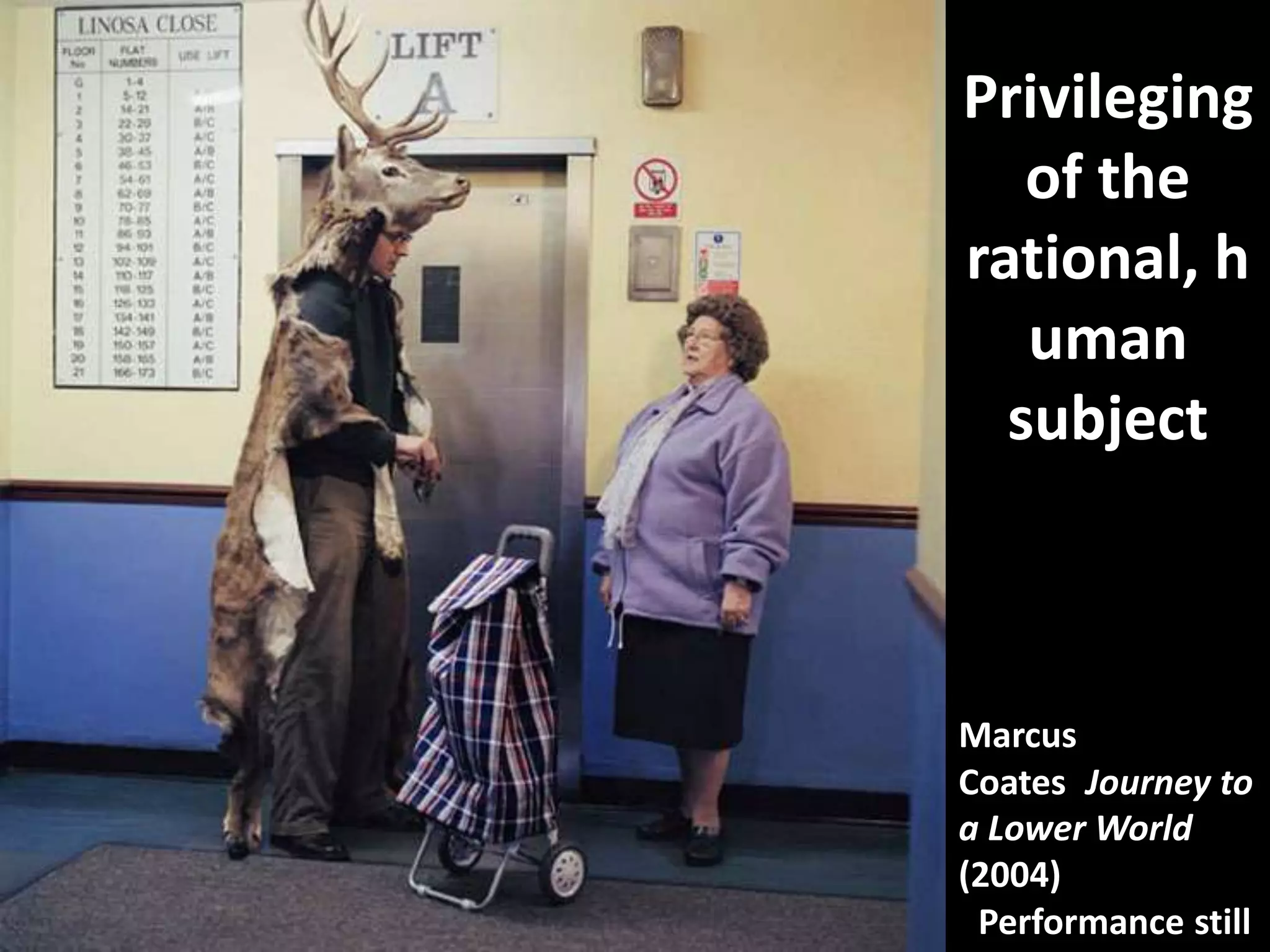 Privileging
   of the
rational, h
   uman
  subject



Marcus
Coates Journey to
a Lower World
(2004)
 Performance still
 