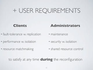 + USER REQUIREMENTS 
Clients Administrators 
• fault-tolerance w. replication 
• performance w. isolation 
• resource matchmaking 
• maintenance 
• security w. isolation 
• shared resource control 
to satisfy at any time during the reconfiguration 
11 
 