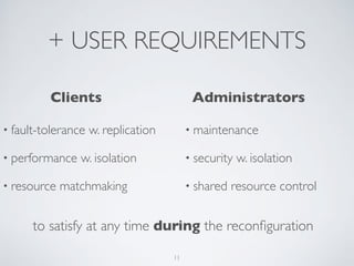 + USER REQUIREMENTS 
Clients Administrators 
• fault-tolerance w. replication 
• performance w. isolation 
• resource matc...