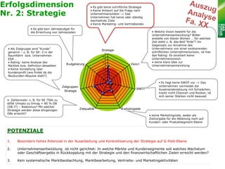 Erfolgsdimension                                              • Es gibt keine schriftliche Strategie

Nr. 2: Strategie
                                                              • Keine Antwort auf die Frage nach
                                                              Unternehmenszielen -> Das
                                                              Unternehmen hat keine oder ständig
                                                              wechselnde Ziele
                                                              • Keine Marketing- und Vertriebsziele
                 • Es gibt kein Jahresbudget für
                 die Erreichung von Jahreszielen                                                        • Welche Vision besteht für die
                                                                                                        Unternehmensentwicklung? Bilder
                                                                                                        anstelle von klaren Worten … für welches
                                                                                                        Ziel steht z. B. das Bild “Erde”? Im
                                                                                                        Gegensatz zur Annahme des
 • Als Zielgruppe wird “Kunde”                                                                          Unternehmens von einer existierenden
                                                                      Strategie
 genannt – z. B. für SE: 2 in der                                       5
                                                                                                        schriftlichen Unternehmensvision, ist hier
 Raumfahrt bzw. Unternehmen                                           4,5                               das Rating: Es exisitiert keine
 ESA …                                                                  4                               Unternehmensvision
 • Rating: keine Analyse des                                          3,5                               • keine klare Idee zur
                                          B udgetierung                 3                 Visio n       Unternehmensentwicklung
 Marktes bzw. Definition desselben
                                                                      2,5
 • Keine Vorstellung über
                                                                        2
 Kundenprofil (wie findet da die                                      1,5
 Neukunden-Akquise statt?)                                              1
                                                                      0,5
                                                                        0                                    • Es liegt keine SWOT vor -> Das
                                       Zielgruppen-                                                          Unternehmen vermeidet die
                                                                                              SWOT           Auseinandersetzung mit Schwächen,
                                        Strategie
                                                                                                             trackt nicht Chancen und Risiken, ist
                                                                                                             sich seiner Stärken nicht bewusst
 • Zahlenziele: z. B. für SE 750k zu
 600k Umsatz zu Ertrag = 80 % DB
 (DB I?) – Realismus? Mit welcher
 Strategie werden diese ehrgeizigen                   Zielqualität                 M arketingziele
 DBs erreicht?
                                                                                                       • keine Marketingziele, weder als
                                                                                                       Zielvorgabe für die Abteilung noch auf
                                                                                                       Kunden- oder Produktsegment-Ebene


 POTENZIALE
 1.     Besonders hohes Potenzial in der Ausarbeitung und Konkretisierung der Strategie auf G-Feld-Ebene

 2.     Unternehmensentwicklung ist nicht gerichtet: In welche Märkte und Kundensegmente soll welches Wachstum
        oder Geschäftsergebis in Rückkopplung mit der Strategie und den finanzwirtschaftlichen Zielen erreicht werden?

 3.     Kein systematische Marktbeobachtung, Marktbearbeitung, Vertriebs- und Marketingaktivitäten
 