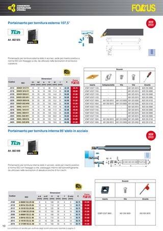 Portainserto per tornitura esterna 107,5°




     Art. A62 025
                              pagina 299




     Portainserto per tornitura esterna stelo in acciaio, sede per inserto positivo a
     norma ISO con ﬁssaggio a vite, da utilizzare nelle lavorazioni di tornitura e
     copiatura.

                                                                                                                                                      Ricambi



                                                 Dimensioni
                                                                                                 Prezzo
      Codice
                     ISO          h1   h2    b    l1   l2   f                           €
                                 (mm) (mm) (mm) (mm) (mm) (mm)                                                       Inserto        Sottoplacchetta       Vite              Vite            Giravite
      ..0112    SVHCR 1212 F11     12      12     12        80     11,4        16   42,20        33,76      VCMT-VCGT 1103...                 -            -            A91 025 0015     N20 235 0080
      ..0116    SVHCR 1616 H11     16      16     16        100    11,4        20   62,00        49,60      VCMT-VCGT 1103...                 -            -            A91 025 0015     N20 235 0080
      ..0120    SVHCR 2020 K11     20      20     20        125    14,6        25   64,60        51,68      VCMT-VCGT 1103...                 -            -            A91 025 0015     N20 235 0080
      ..0125    SVHCR 2525 M11     25      25     25        150    20,9        32   64,60        51,68      VCMT-VCGT 1103...                 -            -            A91 025 0015     N20 235 0080
      ..0220    SVHCR 2020 K16     20      20     20        125    13,2        25   64,60        51,68      VCMT-VCGT 1604...       A91 050 0010      A91 010 0005 A91 025 0005          N20 235 0150
      ..0225    SVHCR 2525 M16     25      25     25        150    19,6        32   64,60        51,68      VCMT-VCGT 1604...       A91 050 0010      A91 010 0005 A91 025 0005          N20 235 0150
      ..0312    SVHCL 1212 F11     12      12     12        80     11,4        16   42,20        33,76      VCMT-VCGT 1103...                 -            -            A91 025 0015     N20 235 0080
      ..0316    SVHCL 1616 H11     16      16     16        100    11,4        20   62,00        49,60      VCMT-VCGT 1103...                 -            -            A91 025 0015     N20 235 0080
      ..0320    SVHCL 2020 K11     20      20     20        125    14,6        25   64,60        51,68      VCMT-VCGT 1103...                 -            -            A91 025 0015     N20 235 0080
      ..0325    SVHCL 2525 M11     25      25     25        150    20,9        32   64,60        51,68      VCMT-VCGT 1103...                 -            -            A91 025 0015     N20 235 0080
      ..0420    SVHCL 2020 K16     20      20     20        125    13,2        25   64,60        51,68      VCMT-VCGT 1604...       A91 050 0010      A91 010 0005 A91 025 0005          N20 235 0150
      ..0425    SVHCL 2525 M16     25      25     25        150    19,6        32   64,60        51,68      VCMT-VCGT 1604...       A91 050 0010      A91 010 0005 A91 025 0005          N20 235 0150



     Portainserto per tornitura interna 95°stelo in acciaio




     Art. A62 040
                              pagina 300




     Portainserto per tornitura interna stelo in acciaio, sede per inserto positivo
     a norma ISO con ﬁssaggio a vite, passaggio interno del lubrorefrigerante,
     da utilizzare nelle lavorazioni di alesatura anche di fori ciechi.



                                                                                                                                                               Ricambi




                                                              Dimensioni
                                                                                                            Prezzo
      Codice
                           ISO              ød   ø d1  l1   l2   f  D min                             €
                                           (mm) (mm) (mm) (mm) (mm) (mm)                                                            Inserto                      Vite                    Giravite
       ..0108     A-0608H SCLCR-06          8          6         100      25        4       8       38,75   31,00
       ..0110      A-0810J SCLCR-06         10         8         110      32        6       12      38,75   31,00
       ..0112      A-1012K SCLCR-06         12         10        125      38        7       14      38,75   31,00
       ..0116     A-1216M SCLCR-06          16         12        150      50        9       18      38,75   31,00
                                                                                                                               CCMT-CCGT 0602...          A91 035 0020                 A55 925 0070
       ..0208      A-0608H SCLCL-06         8          6         100      25        4       8       38,75   31,00
       ..0210      A-0810J SCLCL-06         10         8         110      32        6       12      38,75   31,00
       ..0212      A-1012K SCLCL-06         12         10        125      38        7       14      38,75   31,00
       ..0216     A-1216M SCLCL-06          16         12        150      50        9       18      38,75   31,00
10
     Le condizioni di vendita per usufruire degli sconti extra sono riportate a pagina 3
 