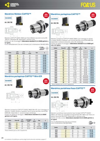 Mandrino Weldon CAPTO™                                                                   Mandrino portapinza CAPTO™


     Art. C65 780
                                                                                              Art. C65 785
                            pagina 502
                                                                                                                   pagina 502




     Mandrino CAPTO™ C6/ISO 26623 per frese (Weldon) secondo norma DIN
                                                                                              Mandrino portapinza CAPTO™ C6/ISO 26623, per il serraggio di utensili
     1835 B e DIN 6535 HB; disponibile in versione corta.
                                                                                              a codolo cilindrico mediante l’uso di pinze secondo norma DIN 6499 A/B;
     Fornito con vite di serraggio e bilanciatura standard G 2.5 25000 giri/min o
                                                                                              disponibile in versione extracorta, corta, ZG, extralunga.
     U<1gmm.
                                                                                              Fornito con ghiera di serraggio e bilanciatura standard G 2.5 25000 giri/
     Fori di raffreddamento Cool Jet a richiesta (cod. d’ordinazione C66 685 0005).
                                                                                              min o U<1gmm.
                                                                                                                                øD     ø serraggio            A
                                                                                                  Codice         Pinza ER
                                                                                                                                          (mm)
                                                                                                                                                                      Tipo            €
                                                                                                                               (mm)                         (mm)
                                                                                                   ..0016          16*           28         0,5-10           60    extracorto    246,00
                            ø D1          ø D2          A
           Codice                                                     Tipo            €            ..0020          20*           34         1,5-13           60    extracorto    246,00
                           (mm)          (mm)         (mm)
                                                                                                   ..0025          25*           42          1-16            60    extracorto    246,00
           ..0006             6           22            55           corto          234,00         ..0032          32*           50         1,5-20           60    extracorto    246,00
           ..0008             8           22            55           corto          234,00         ..0040          40*           63         2,5-26           65    extracorto    246,00
           ..0010            10          26,5           60           corto          234,00         ..0116           16           28         0,5-10          100       corto      256,00
           ..0012            12          26,5           60           corto          234,00         ..0120           20           34         1,5-13          100       corto      256,00
           ..0014            14          29,5           60           corto          234,00         ..0125           25           42          1-16           100       corto      256,00
           ..0016            16          29,5           65           corto          234,00         ..0132           32           50         1,5-20          100       corto      256,00
           ..0018            18          35,5           65           corto          234,00         ..0140           40           63         2,5-26          100       corto      256,00
           ..0020            20          35,5           65           corto          234,00         ..0216           16           28         0,5-10          130      ZG130       268,00
           ..0025            25           45            80           corto          234,00         ..0220           20           34         1,5-13          130      ZG130       268,00
           ..0032            32           45            90           corto          234,00         ..0225           25           42          1-16           130      ZG130       268,00
           ..0040            40           80           100           corto          234,00         ..0232           32           50         1,5-20          130      ZG130       268,00
                                                                                                   ..0240           40           63         2,5-26          130      ZG130       268,00
                                                                                                   ..0316           16           28         0,5-10          160    extralungo    278,00
     Mandrino portapinza CAPTO™ Mini-ER                                                            ..0320           20           34         1,5-13          160    extralungo    278,00
                                                                                                   ..0325           25           42          1-16           160    extralungo    278,00
                                                                                                   ..0332           32           50         1,5-20          160    extralungo    278,00
                                                                                                   ..0340           40           63         2,5-26          160    extralungo    278,00
                                                                                              *Senza ﬁlettatura per la vite di regolazione.
     Art. C65 790
                            pagina 502
                                                                                              Mandrino portafresa ﬁsso CAPTO™



                                                                                              Art. C65 795
                                                                                                                    pagina 502




     Mandrino portapinza CAPTO™ C6/ISO 26623 Mini-ER, per il serraggio di
     utensili a codolo cilindrico mediante l’uso di pinze secondo norma DIN
     6499 A/B; disponibile in versione lunga, extralunga.                                     Mandrino portafrese trascinamento ﬁsso frontale CAPTO™ C6/ISO
     Fornito con ghiera di serraggio e bilanciatura standard G 2.5 25000                      26623, per frese con scanalatura longitudinale DIN 1880 e per frese con
     giri/min o U<1gmm.                                                                       attacco secondo DIN 2079. Disponibile in versione corta.
                                                                                              Fornito con vite a croce, bilanciatura standard G 2.5 25000 giri/min o
                                      øD         ø serraggio     A                            U<1gmm.
           Codice        Pinza ER
                                                    (mm)
                                                                             Tipo         €
                                     (mm)                      (mm)
                                                                                              Fori di raffreddamento Cool Jet a richiesta
           ..0011          11*        16            0,5-7      100       lungo       289,00   (cod. d’ordinazione C66 680 0005).
           ..0016          16*        22           0,5-10      100       lungo       289,00
           ..0111          11*        16            0,5-7      160     extralungo    311,00                             ø D1           ø D2            L
                                                                                                   Codice                                                          Tipo           €
           ..0116          16*        22           0,5-10      160     extralungo    311,00                            (mm)           (mm)           (mm)
     *Senza ﬁlettatura per la vite di regolazione.                                                 ..0016                16            36             17           corto        207,00
                                                                                                   ..0022                22            48             19           corto        213,00
                                                                                                   ..0027                27            60             21           corto        218,00
                                                                                                   ..0032                32            63             24           corto        224,00
                                                                                                   ..0040                40            70             27           corto        229,00
20
     Le condizioni di vendita per usufruire degli sconti extra sono riportate a pagina 3
 